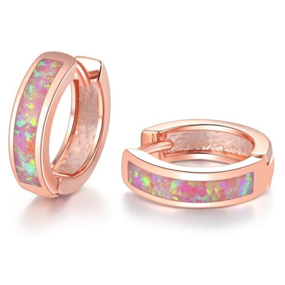 14K Rose Gold with Genuine Pink Fire Opal Huggie Hoop Snap Hinge Earrings - Picture 1 of 4